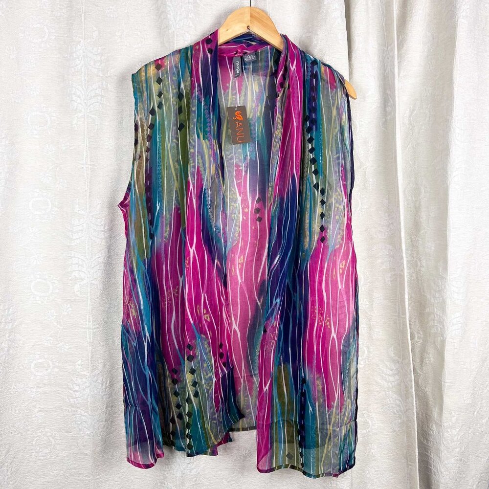 Anu sheer chiffon waterfall open flowy vest rainbow stripe boho lagenlook